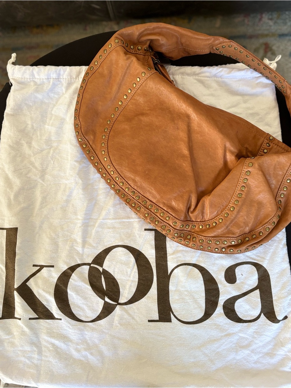Kooba Y2K Soft Leather Studded Hobo Shoulder Bag Camel Tan Boho with Dust Bag